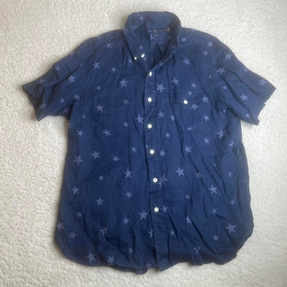 Ralph Lauren men blue stars American 100% linen short sleeve button up shirt xxl